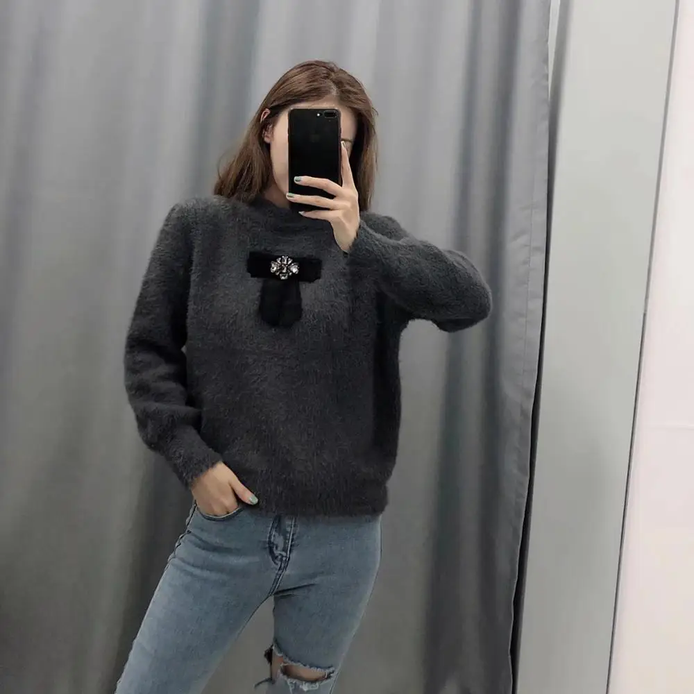 ZA autumn winter women's red gray knitted sweater Jewelry bowknot plush tops chic lady Casual female pullover | Женская одежда