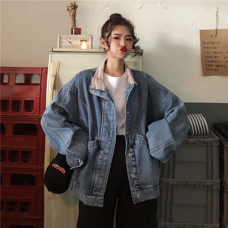 

HARAJPOO Woman Jacket 2021 New Spring Korean Style Ins Fashion Loose Plaid Stitching Retro Hong Kong Wind Denim Female Top Tide