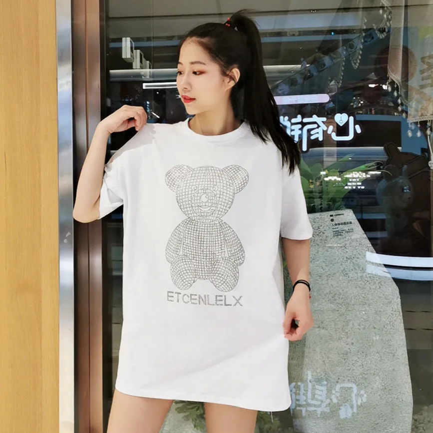 

Harajuku Style Heavy Industry Hot Drill Bear Cartoon Anime Letter T-shirt Female Loose Mid-length New Summer Tops