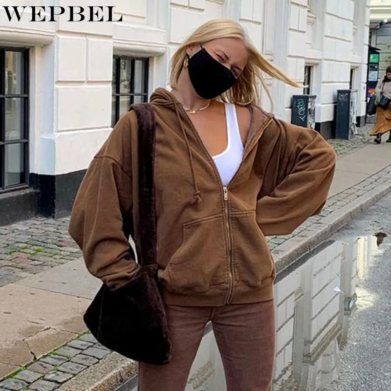 

WEPBEL Coat Spring and Autumn Fashion Solid Color Loose Zipper Coat Women's Casual Long Sleeve Hooded Jacket