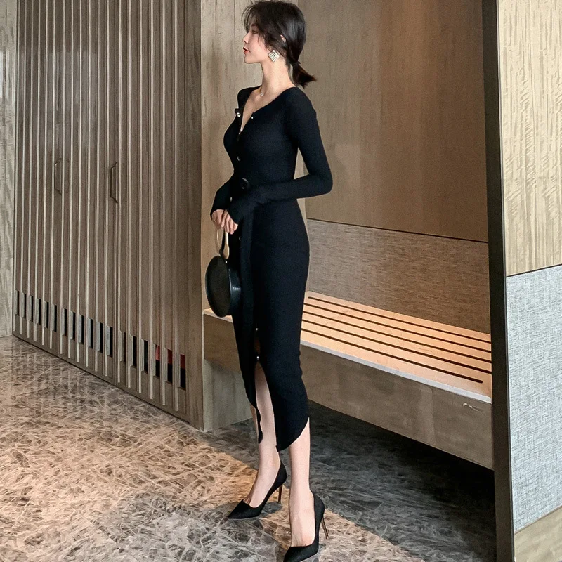 2019 корейское стильное длинное платье с разрезом женские облегающие платья