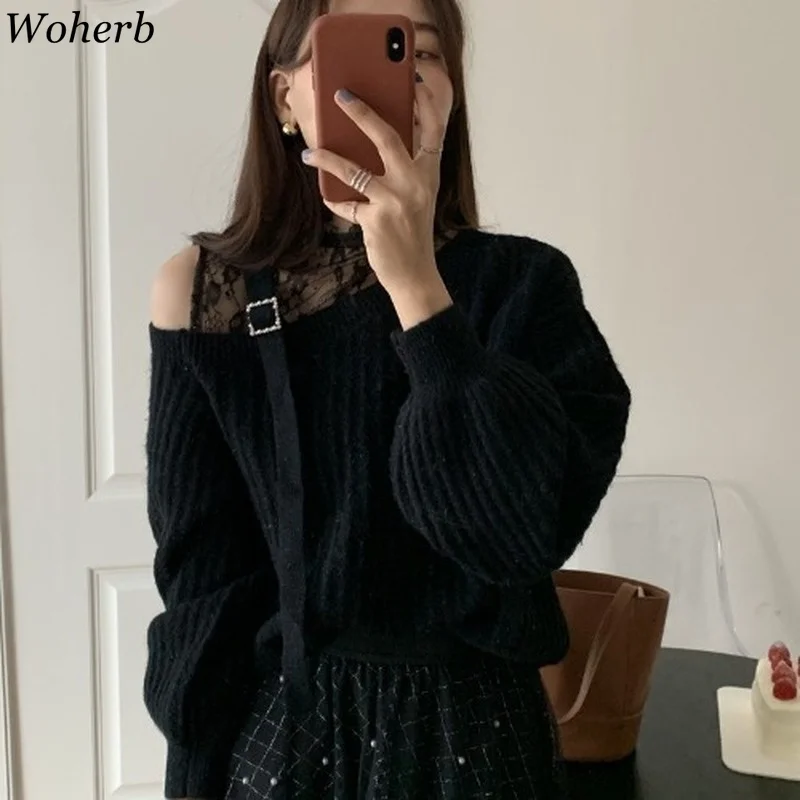 Woherb Осенняя Женская одежда милые Лоскутные кружевные свитера пальто шикарные