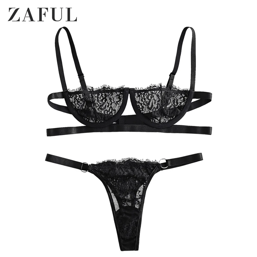 ZAFUL кружевной однотонный комплект на косточках в клетку кольцо украшенное нижнее