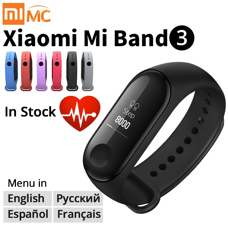 Оригинальный Xiaomi mi смарт браслет 3 фитнес браслет mi Band 3 большой сенсорный экран OLED сообщение время сердечного ритма Smartband