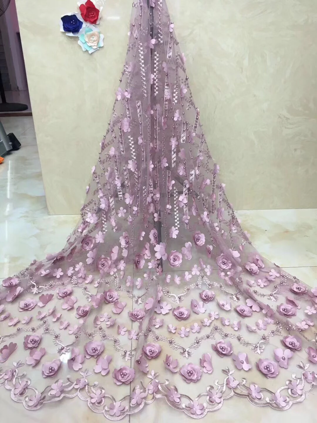 

Fushia embroidery french lace fabric beaded tulle lace 3d flowers party dress lace fabric for 5 yards per lot FJ2810