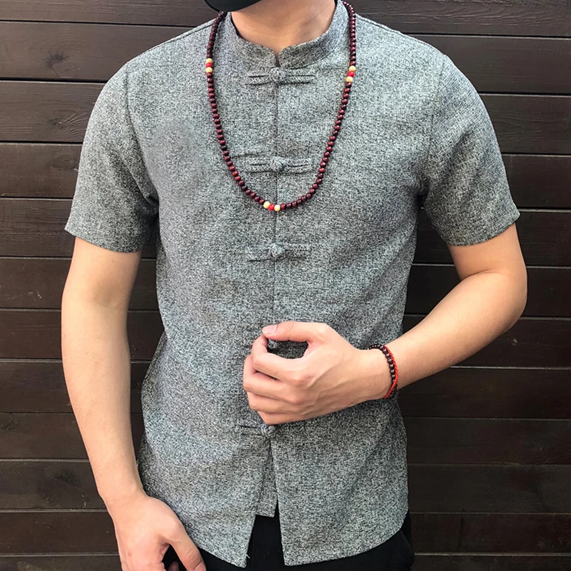 Gray Shirt INCERUN, мужская рубашка в китайском стиле, на пуговицах, с воротником-стойкой, короткий рукав, повседневные свободные топы, одноцветные винтажные рубашки в стиле Тан для мужчин - Цвет: Gray Shirt