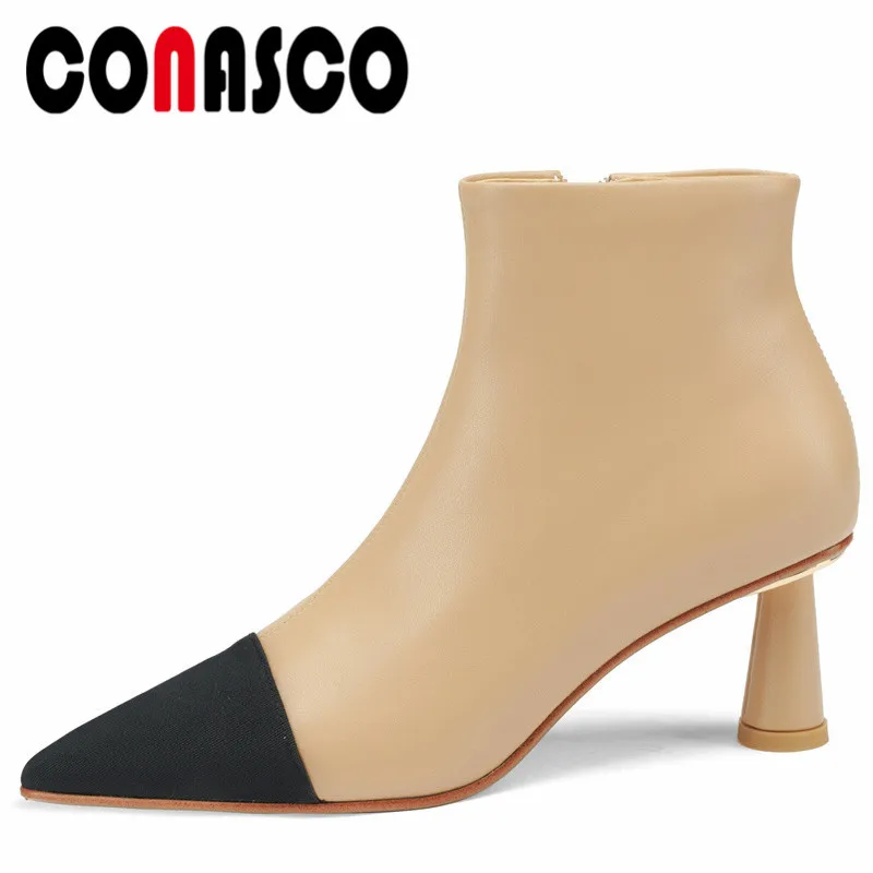 

CONASCO Elegant Women Ankle Pumps Autumn Winter Warm Cow Leather Party Prom Office Lady Shoes Mixed Color Decoration Boots Woman