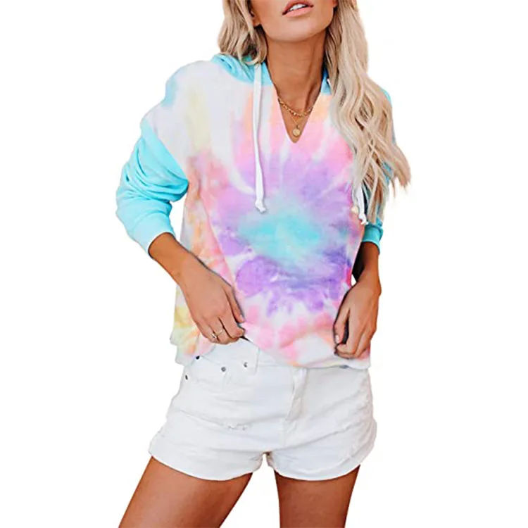 

Foreign trade European and American women's top Amazon tie dye gradient V-neck hooded long sleeve Pullover casual sweater