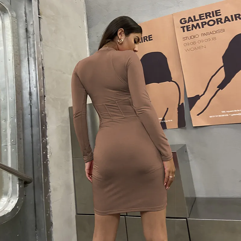 

2021 Autumn Winter New Sexy Slim Pleated Long Sleeve Dress Women Casual Bodycon Mini Tight Dress Fashion Streetwear Ladies Dress