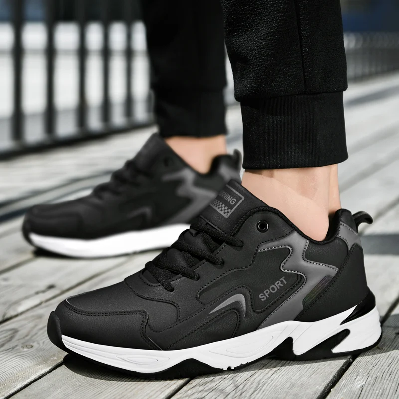 

Кроссовки мужские из ПУ кожи, высокие, на шнуровке, уличная спортивная обувь для бега, кроссовки, черные, красные, серые, размеры 39-48, Осень-зи...