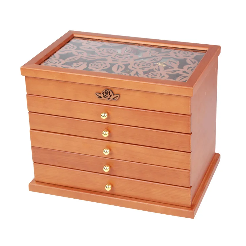 2021 New 6 Layers Solid Wood Jewelry Box European Multi-Layer Princess Jewelry Retro Earrings Necklace Bracelet Storage Box Wood