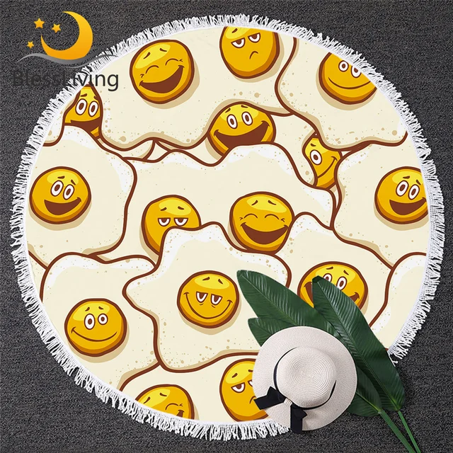 BlessLiving Cartoon Bath Towels For Adults Kawaii Cute Fried Eggs Towels Bathroom Smiley Faces Beach Towel Round for Kids Adults 1