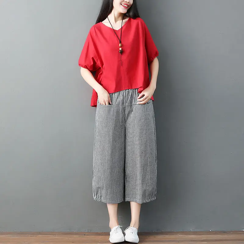 

Women 2021 Summer Fashion Cotton Linen 2 Piece Suits Female New Solid Color Loose Tops Ladies Casual Plaid Harem Pants Sets U111