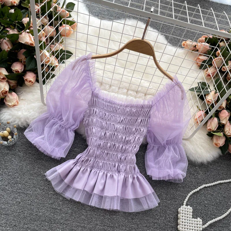 

Summer new net yarn short crop top Round neck temperament age reduction all-match crop top women Puff sleeve tops for women 2021