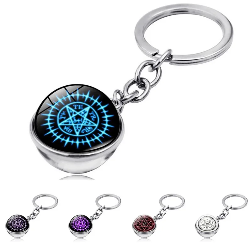 

WG 1pc Five-pointed Star Magic Array Time Gem stone Cabochon Keyring Pendant Glass Ball Metal Keychain Keyring Ornament