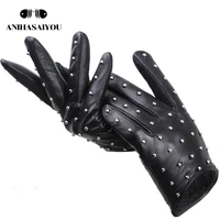 rivets genuine leather sheepskin womens gloves thin warm womens winter gloves driving motorcycle womens leather gloves 7017