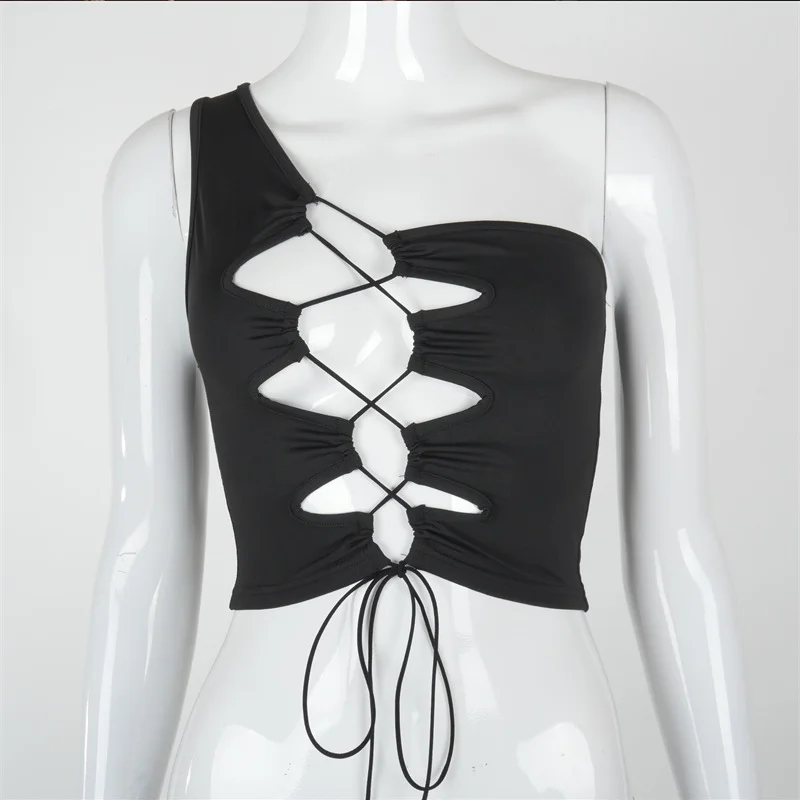 

Women Sexy Party Club Outfits Tank Top Sleeveless Solid One-Shoulder Bandage Bar clothes punk mall accessory apparel cotton size