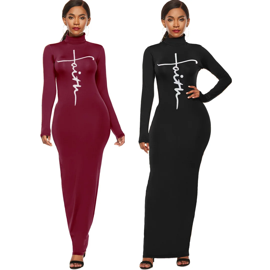 

Женское платье-карандаш с высоким воротником, длинное облегающее платье-макси с буквенным принтом для вечерние НКИ или клуба, Осень-зима 2021