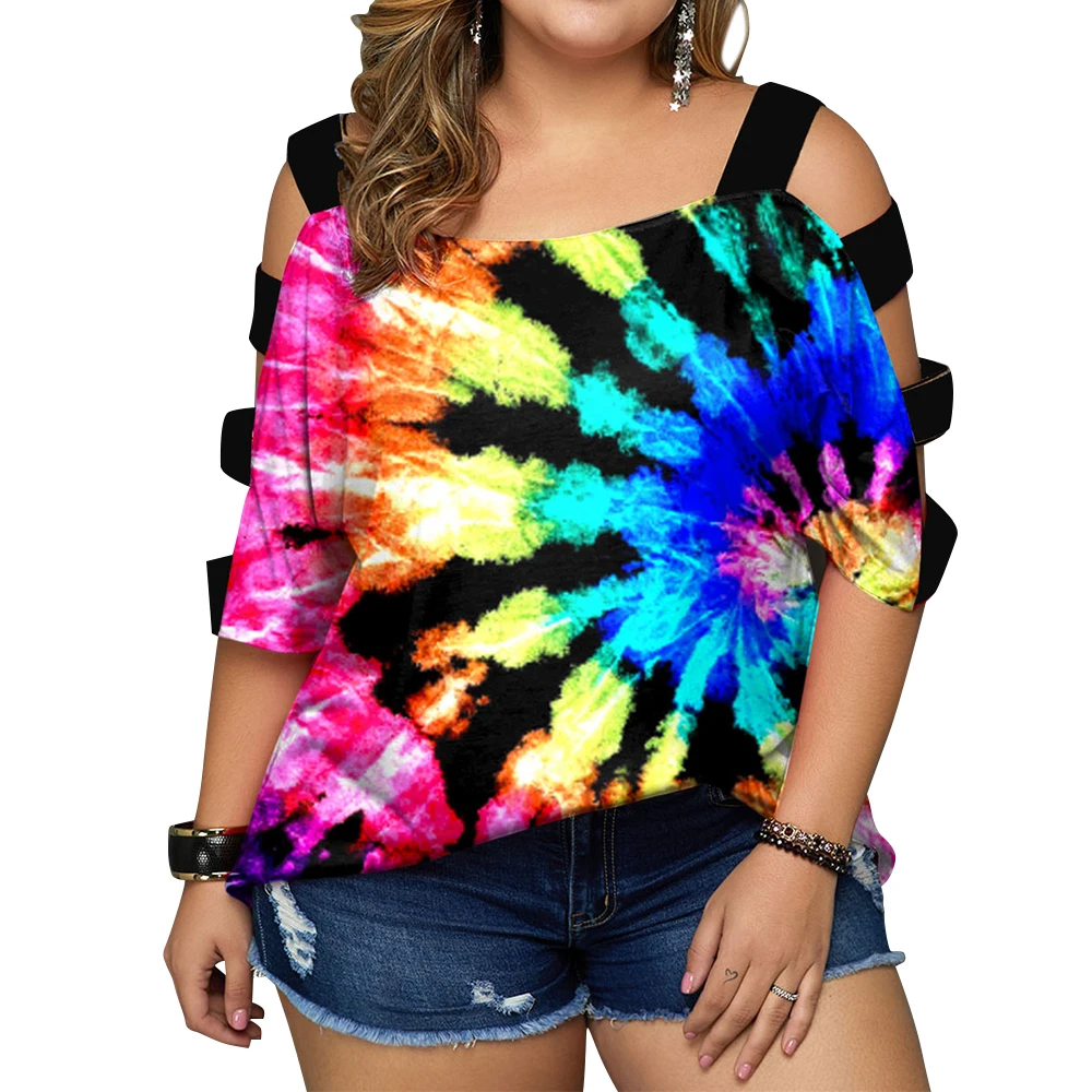 

Plus Size Women Tie Dye Print Multicolor T-Shirts Ladies Fashion Off-shoulder Short Sleeves O-Neck Summer Loose Tees L-5XL D30