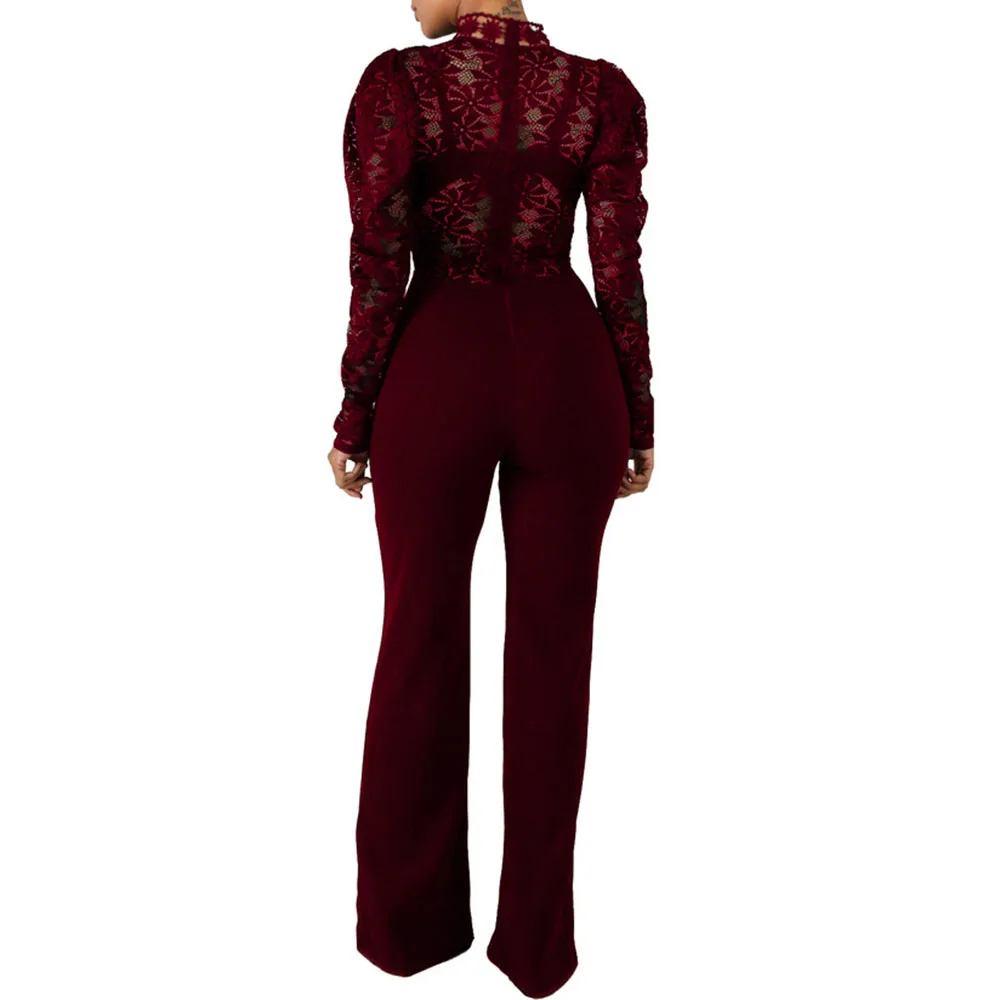 

Burgundy See Through Long Sexy Lace Jumpsuit Romper Women Party Club Sheer Patchwork Women's Vintage Jumpsuit Transparent