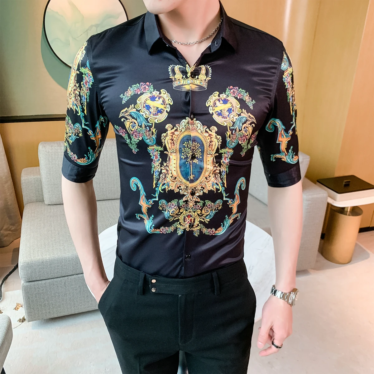 Social Повседневная тонкая рубашка Camisa Masculina роскошная барокко для мужчин 2020 летняя