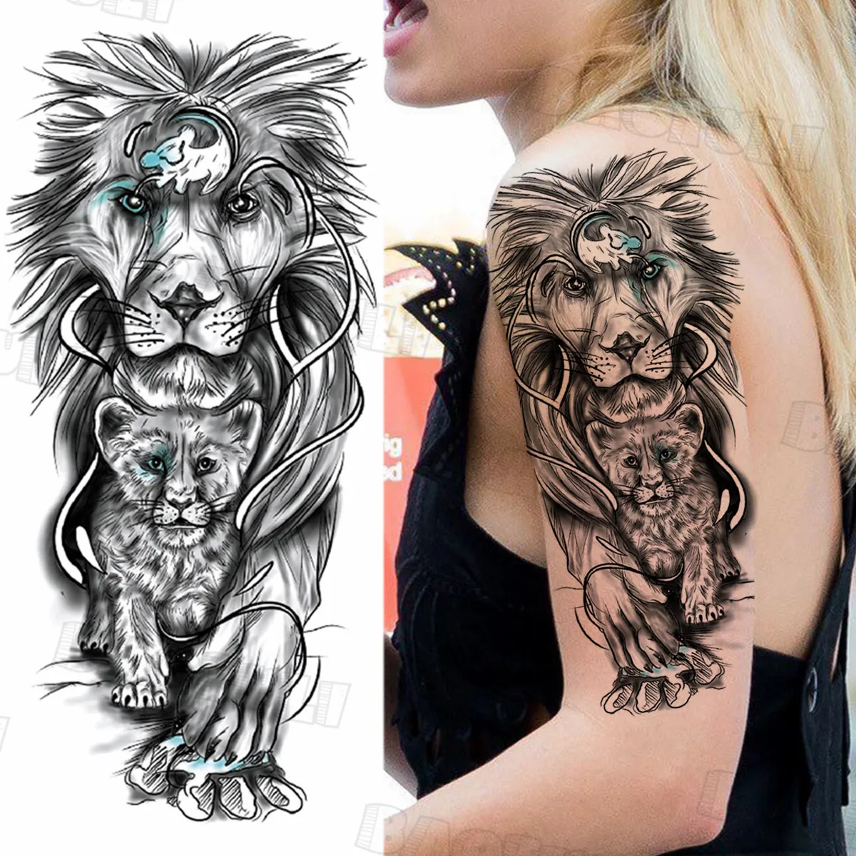 Черные большие временные татуировки с Львом для женщин и мужчин тигр Череп