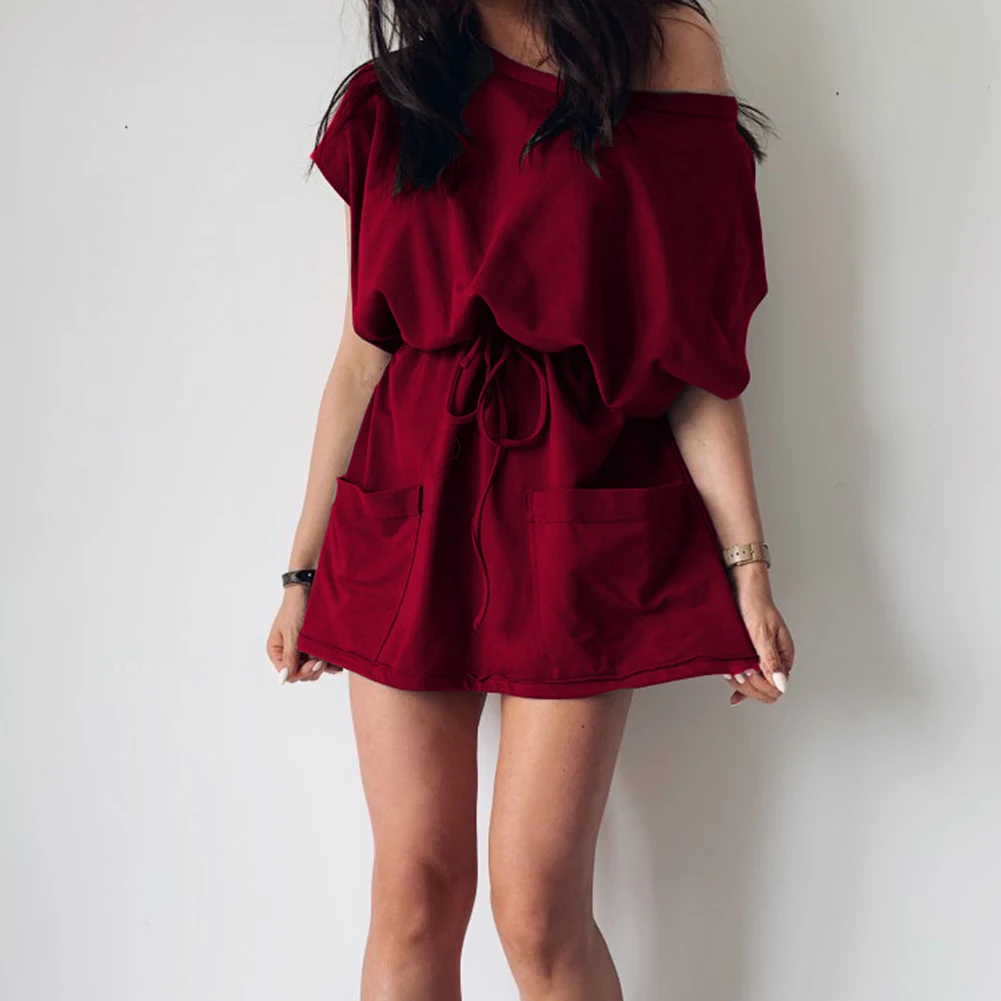 

Women Short Sleeve Solid Color Pockets Loose Fashion Dress for Summer Beach Party H9
