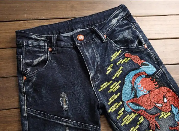 Embroidered spider jeans mens knickers ripped micro-stretch men's pants Original design autumn winter European American style