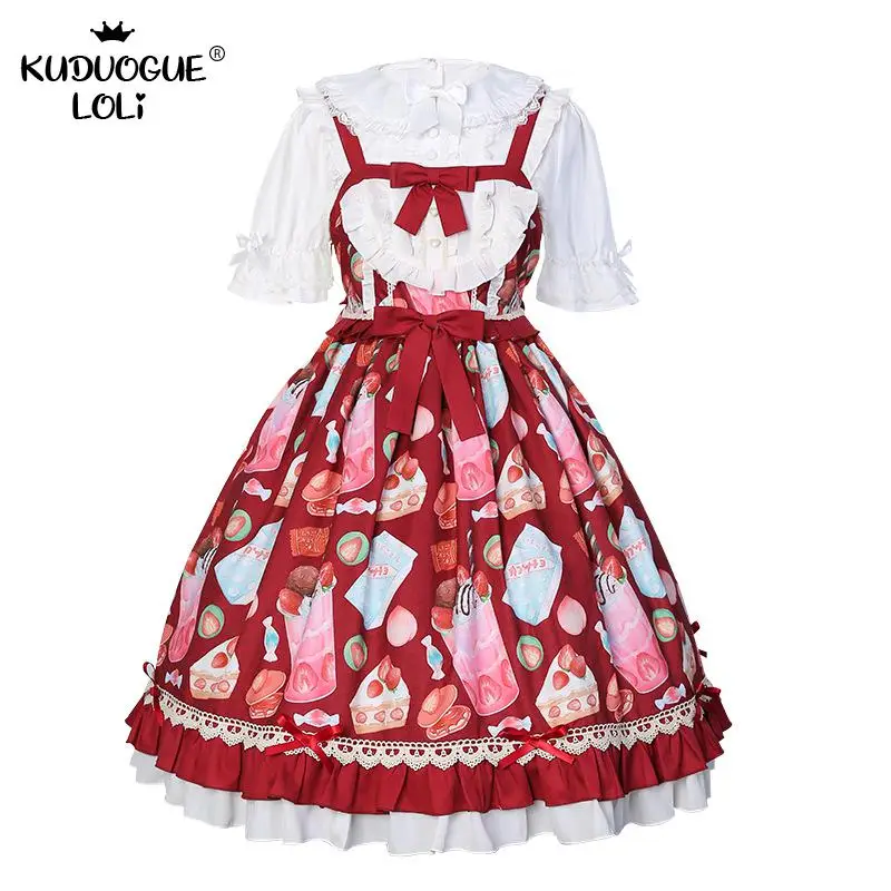 

Lolita Cute Sweet Dessert Jsk Mori Girls Japanese Casual Dress Strap Shirt Lace Lantern Sleeves Princess Suspenders Loli Spring