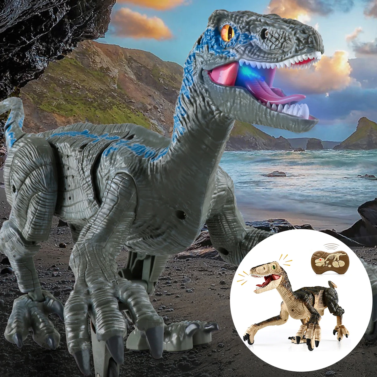 Juguete de dinosaurio a control remoto para ni&ntilde;os, 2,4G de dinosaurio de juguete, simulaci&oacute;n recargable, realista, caminar rugiente, Velociraptor-0