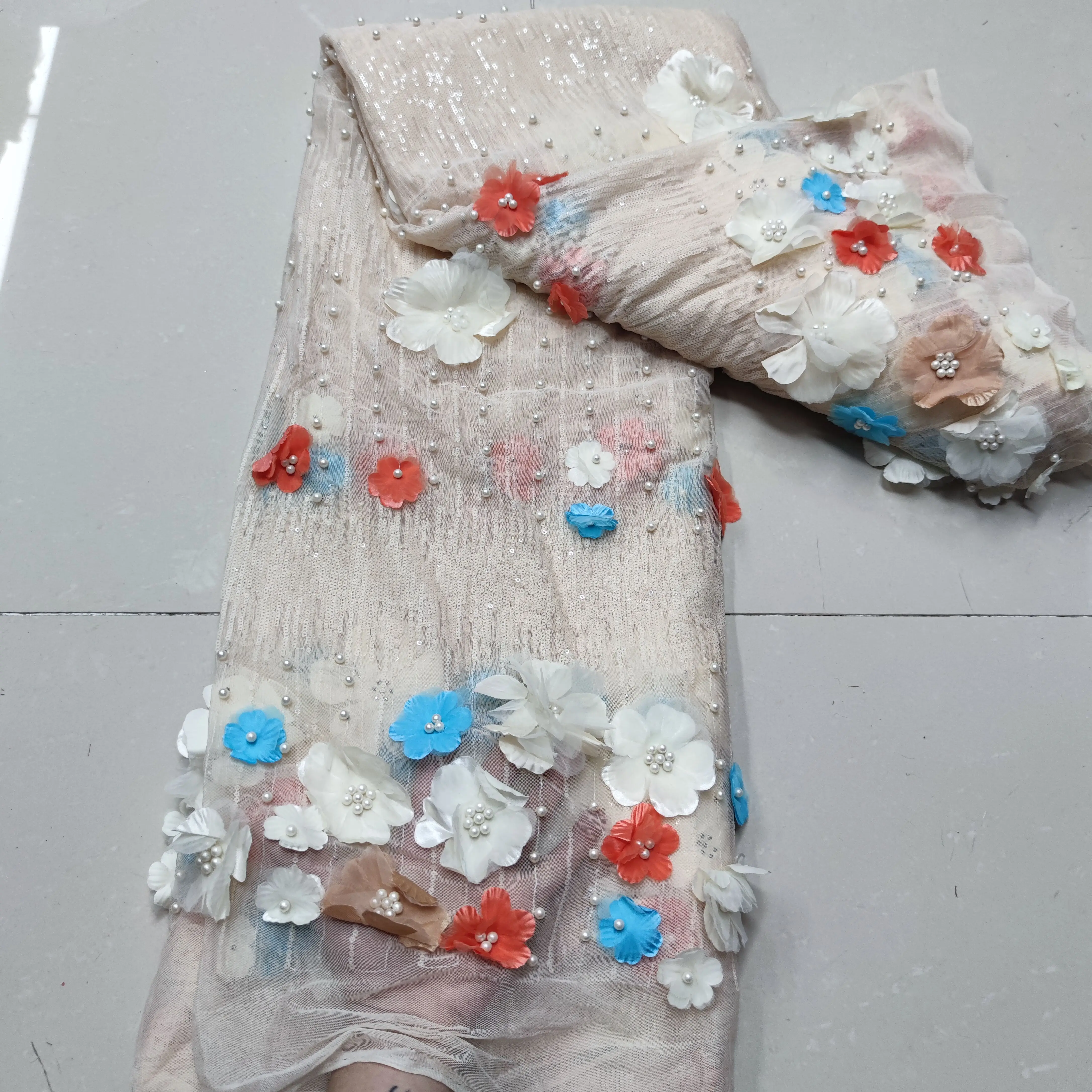 

beautiful ZH-418884 Nigerian fabric for party dress new 3D flowers African embroidered lace fabric with beads and sequins