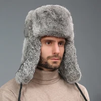 rabbit fur earflat hat for men winter women russian beanie warm bomber hat