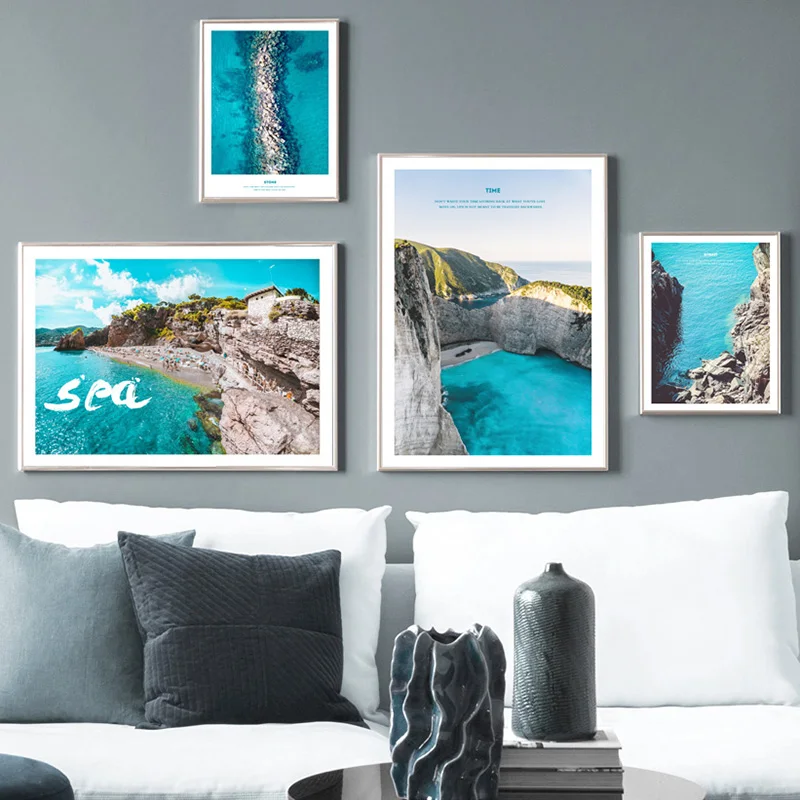 

Blue Sea Wall Art Nordic Poster Pictures For Living Room Scenery Canvas Painting Stone Picture Quote Print Home Decor Unframed