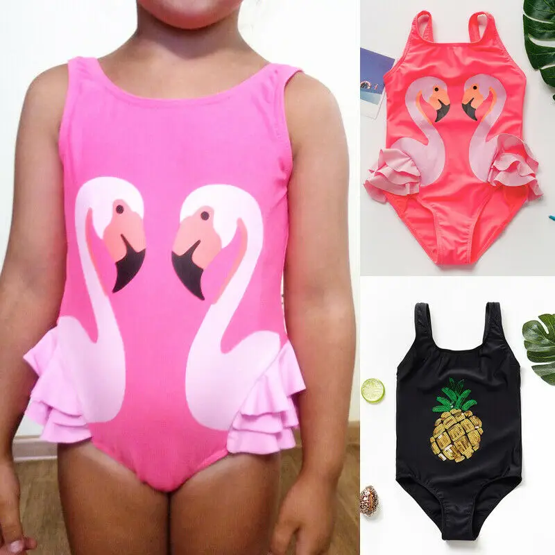 2-8 Years Girl Swimsuit Pink Flamingo Animal Print Children Swimwear Ruffle Sleeveless Swimsuits For One Piece Bathing Suit | Спорт и