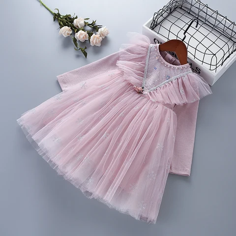 Женская одежда высокого качества, новинка 2020, осенние модные повседневные розовые синие кружевные сетчатые Детские платья принцессы для девочек