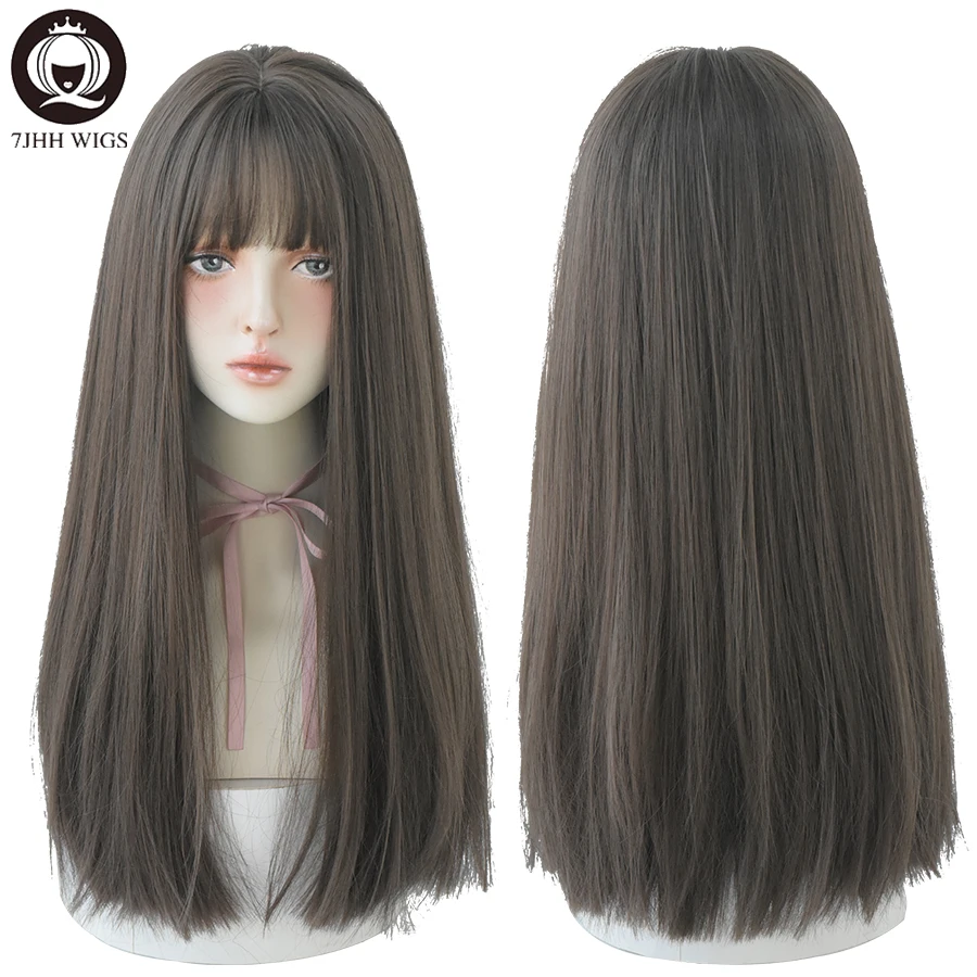 7JHHWIGS Long Straight Synthetic Light Brown Wigs With Bang For Women Heat-Resistant Daily Use Hair Hot Sell Wholesale - купить по