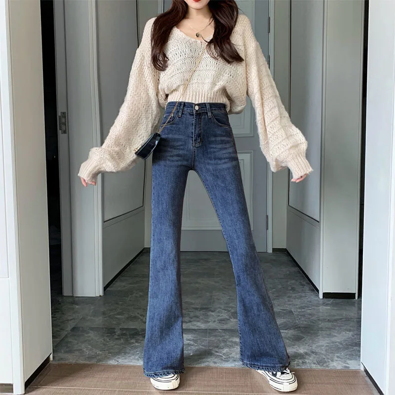 Jean high waist retro stretch flared jeans for hot girl with hip lift and thin wide leg pants джинсы женские