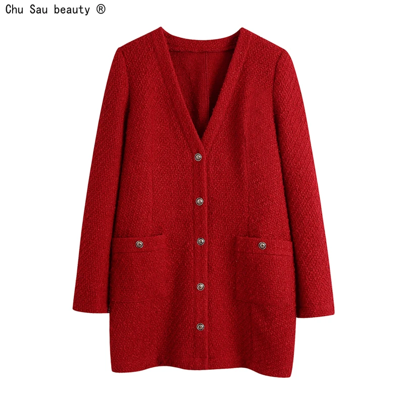 

Женское винтажное шерстяное платье, красное однобортное платье с V-образным вырезом и длинным рукавом, Осень-зима 2021