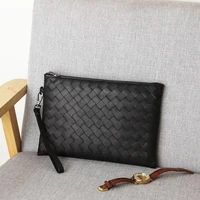 high quality men cowskin genuine leather clutch bag purse with hand strap 2020 male casual woven zipper designer cowhide wallet