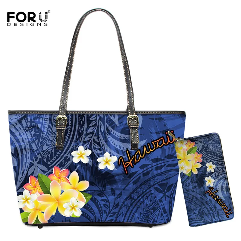

FORUDESIGNS, гавайская и гибискус, кожаная сумка через плечо с цветочным принтом для женщин, роскошная дизайнерская сумка, кошелек, 2 комплекта, но...