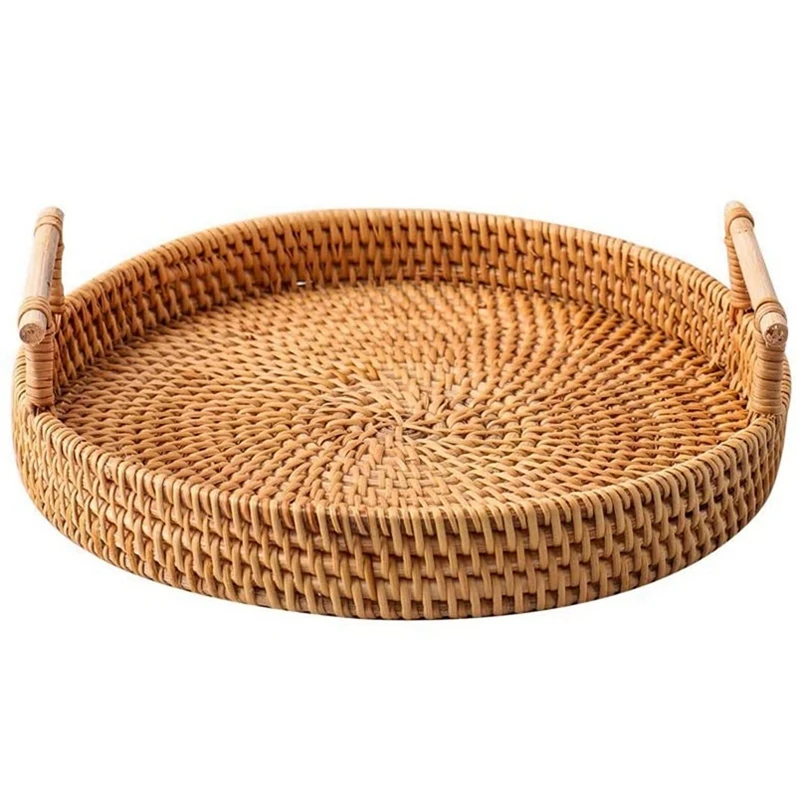 

3PC Rattan Picnic Basket Storage Basket & 1x Woven Rattan Basket Snack Basket Living Room Bedroom Desktop Storage Basket