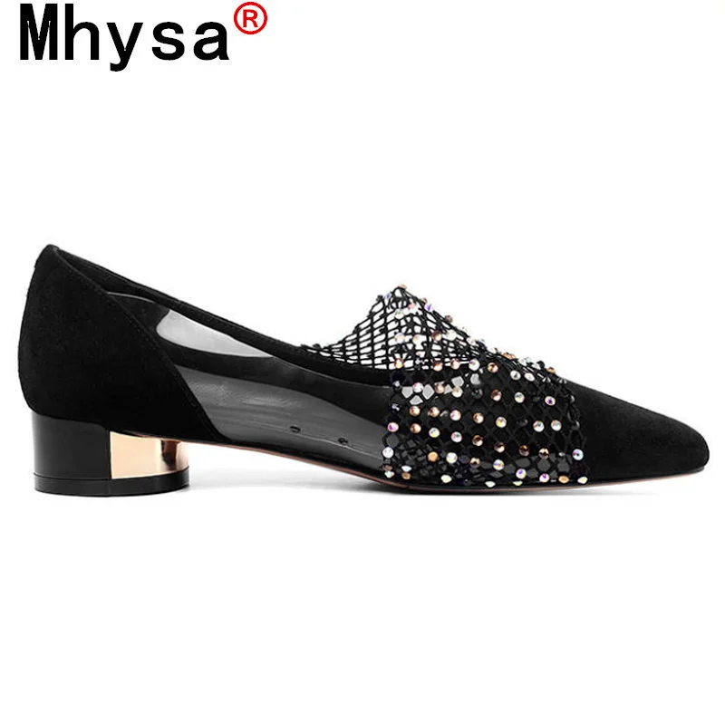 

2021 New Fashion Women's Shoes Solid Color Low Heel Women's High Heels Summer Baotou Lace Surface Rhinestone Sexy High Heels