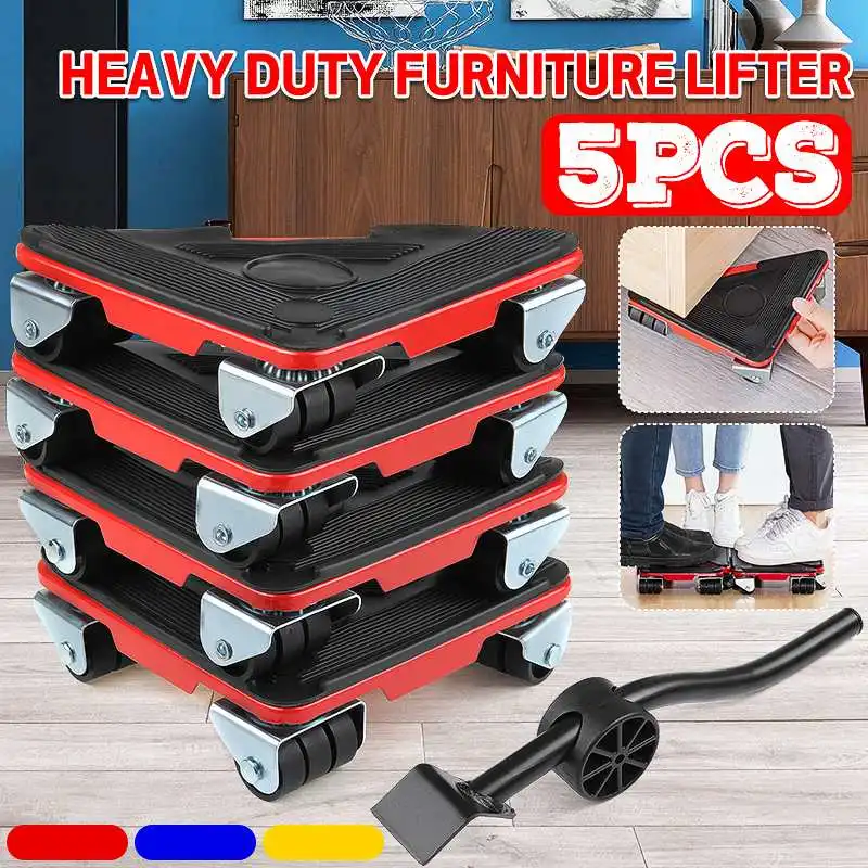 5PCS Furniture Lifter Triple Furniture Mover Tool Transport Lifter Heavy Stuffs Moving Tool 4 Wheeled Corner Movers Hand Tool