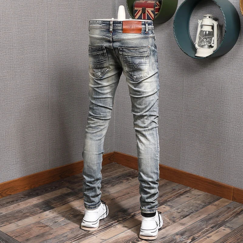 Summer Men's Vintage Blue Ripped Jeans Casual Straight Slim Fit Pants Streetwear Cotton Stretch Denim Trousers