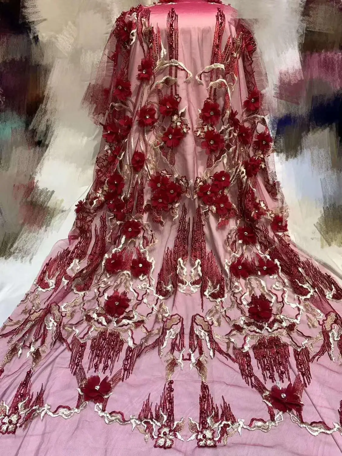 3D наклейка вышивка французская сетка Кружева Бисер Нигерия африканская