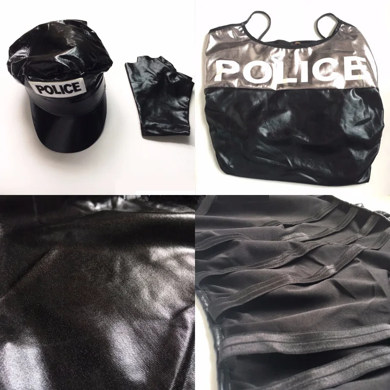 

Halloween Party Sexy Cool Girls Black Police Costumes for Women Check Pattern Cop Officer Costume Cosplay Cap Glove
