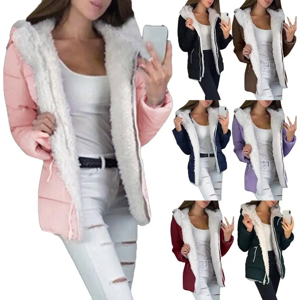 Wholesales Women Autumn Winter Solid Color Zipper Hooded Jacket Thickened Warm Cotton Coat