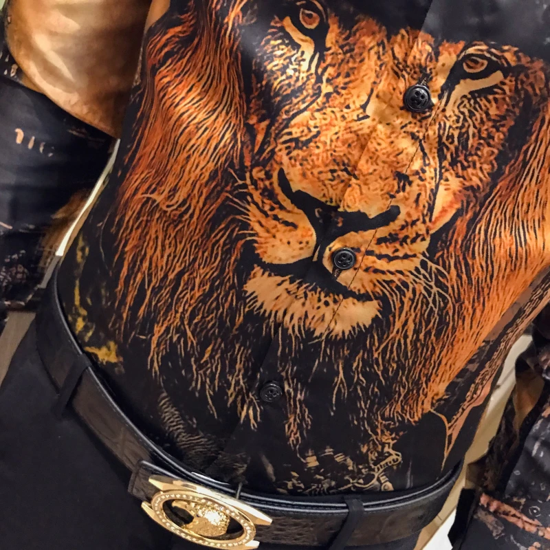 Мужская рубашка с головой льва, DJ Singer Camisa Homem Prom Camisa Masculina, Роскошная золотая рубашка с принтом животных, мужская рубашка с длинными рукавами, вечерние Клубные