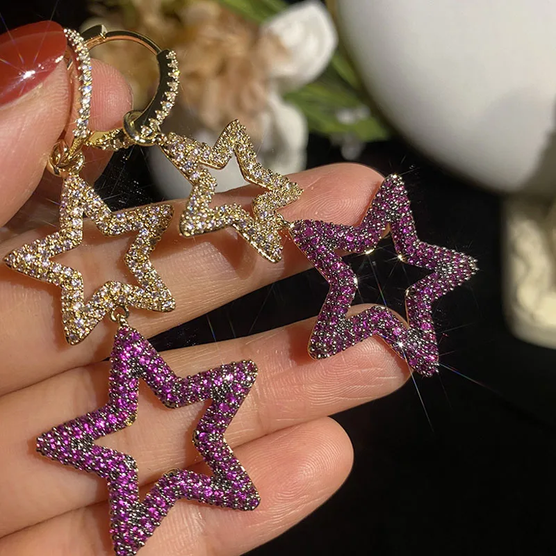 

Hyperbole Style New Luxury Sterling Silver Earrings Purple Red CZ Diamond Five-pointed Star Charms Drop Earrings For Women
