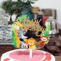 wild jungle party cake topper happy birthday animal cake flag boy birthday party decoration children forest party supplies